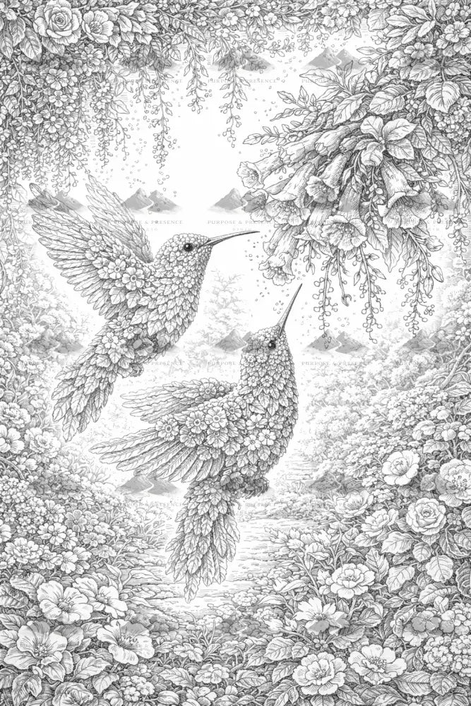Hummingbirds Botanimal, Coloring Page Digital Download